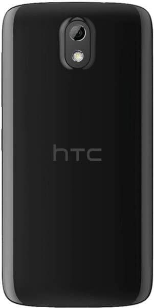HTC Desire 526G+ rear view, black smartphone with camera and flash visible