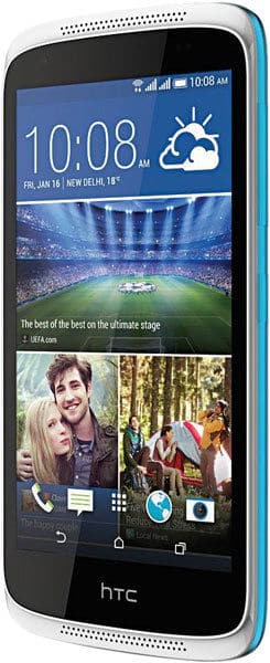 HTC Desire 526G+ front view, white and blue phone displaying home screen with weather widget and photo gallery apps