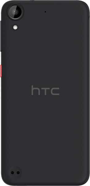 Rear view of black HTC Desire 530; camera and flash at top left, centered HTC logo on back.