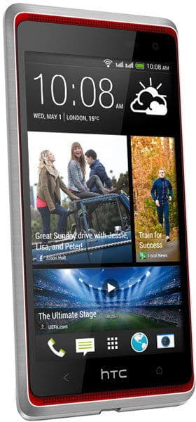 Front view of black and red HTC Desire 600 showing home screen at 10:08, front camera, top speaker, and info tiles.