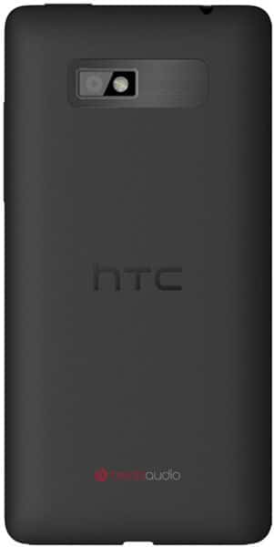 Rear view of black HTC Desire 600 showing rear camera, flash, centered HTC logo, and "beatsaudio" branding at the bottom.