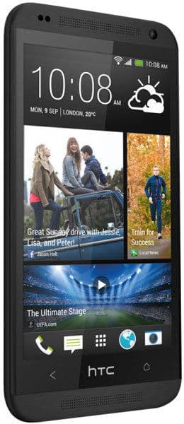 HTC Desire 601 smartphone displayed from front angle, showing home screen with weather widget, photo tiles, and app icons