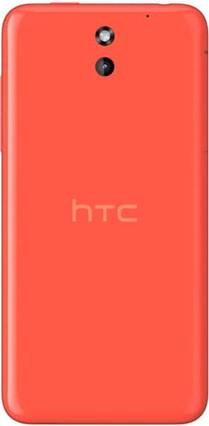 HTC Desire 610 rear view, red back with camera and HTC logo visible