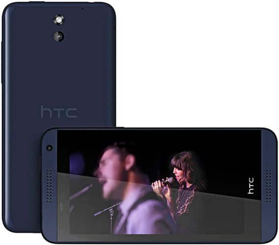 HTC Desire 610 rear and front views, dark blue phone with camera and HTC logo visible, screen displaying video playback