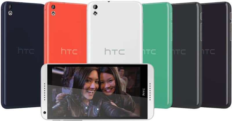 HTC Desire 610 in multiple colors showing rear view of navy, red, white, green, and black models, with white model displaying screen-on front view