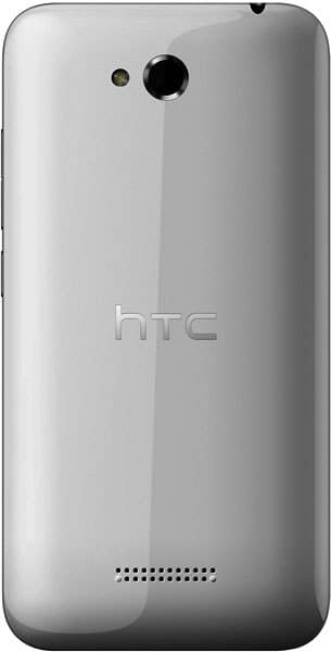 HTC Desire 616 rear view, silver phone with camera and speaker grille visible