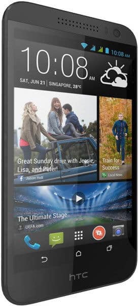 HTC Desire 616 front view, displaying home screen with time, weather, photos, and app icons