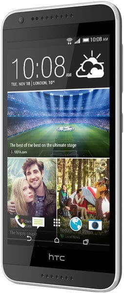 HTC Desire 620 front view showing home screen with weather widget, time display, and photo gallery tiles