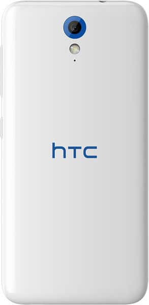 HTC Desire 620 rear view, white back with blue camera lens and HTC logo