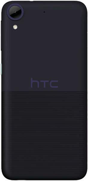 Rear view of black HTC Desire 650 showing single camera with flash, centered HTC logo, and textured lower back.