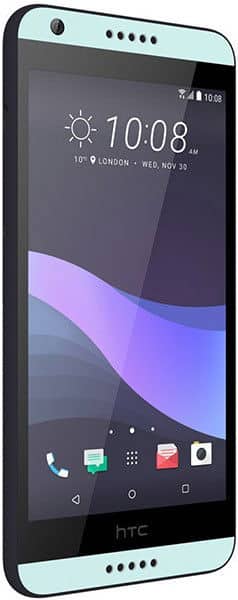 Front angled view of a black HTC Desire 650 with blue trim, showing home screen, time 10:08, London weather, and app icons.