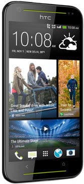 HTC Desire 700 smartphone displayed front-facing, showing home screen with time, weather widget, and photo tiles