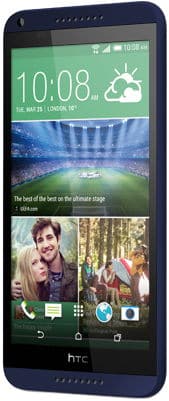 HTC Desire 816 smartphone front view, displaying home screen with weather widget and photo thumbnails below