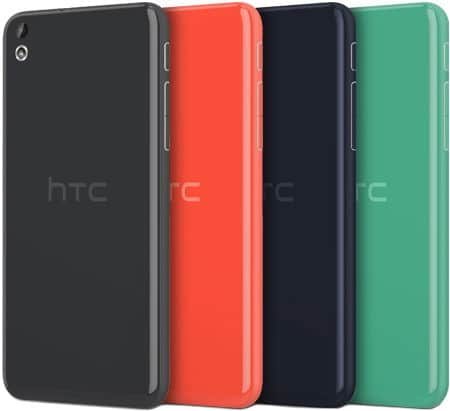 HTC Desire 816 rear view in black, red, navy, and green color options lined up side by side