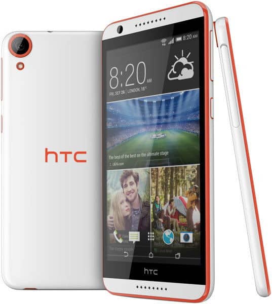 HTC Desire 820 front, rear, and side views with white body and red trim, displaying home screen with weather and photos