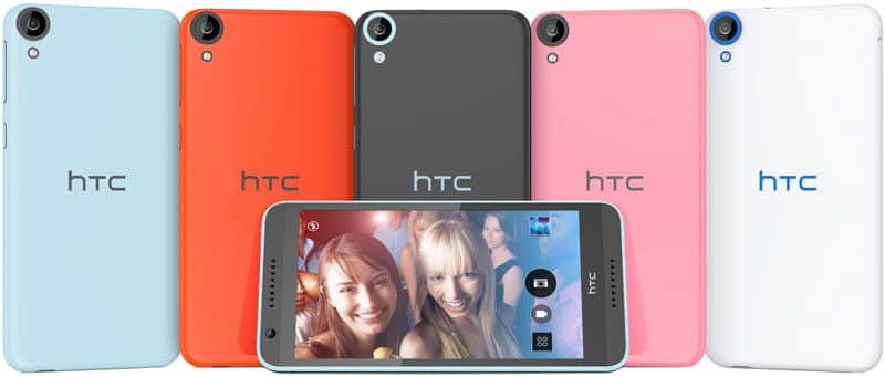 HTC Desire 820 in five color options: light blue, coral red, charcoal gray, pink, and white, with front display showing two people
