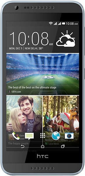 HTC Desire 820 smartphone displaying home screen with time, weather, sports stadium image, and photo widgets