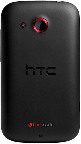 Rear view of black HTC Desire C showing red-ring camera, speaker, center HTC logo, and Beats Audio branding at the bottom.