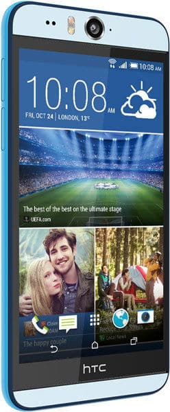 HTC Desire Eye front view, blue and white smartphone displaying home screen with weather, sports stadium image, and photo gallery widgets