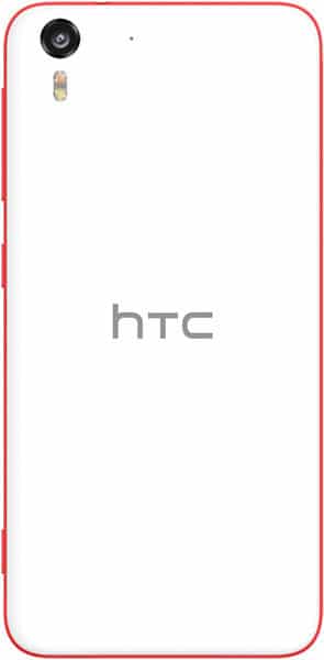 HTC Desire Eye rear view, white back with red frame, camera and flash visible at top