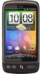 HTC Desire smartphone shown from the front, displaying home screen with widgets and colorful interface on black bezel