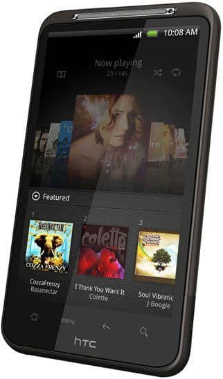 HTC Desire HD front view displaying music player interface with album artwork and featured songs at 10:08 AM