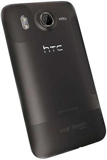 HTC Desire HD rear view, showing black back panel with camera lens and HTC branding