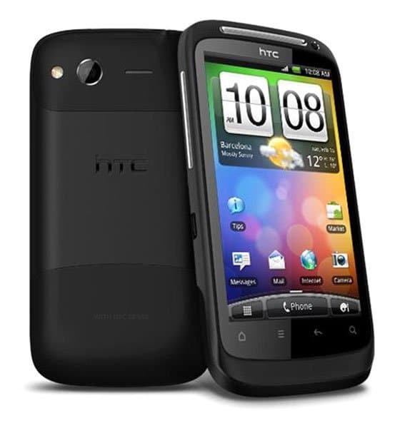 HTC Desire S front and back views, black smartphone with touchscreen displaying time 10:08 and colorful interface