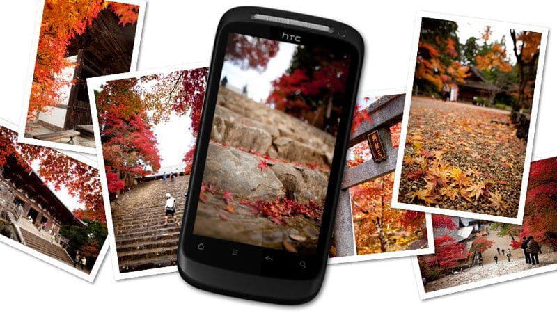HTC Desire S front view displaying autumn landscape photo, surrounded by printed photos of fall foliage and stone steps
