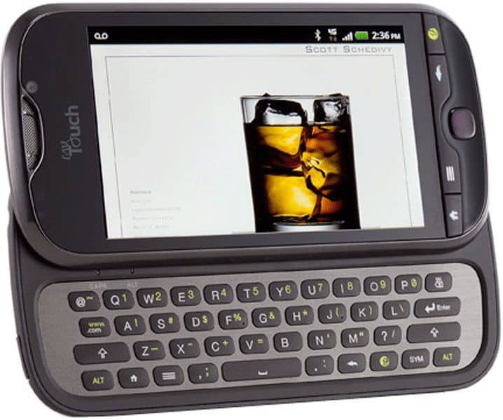 HTC Doubleshot front view, landscape orientation, with slide-out QWERTY keyboard and screen displaying beverage image