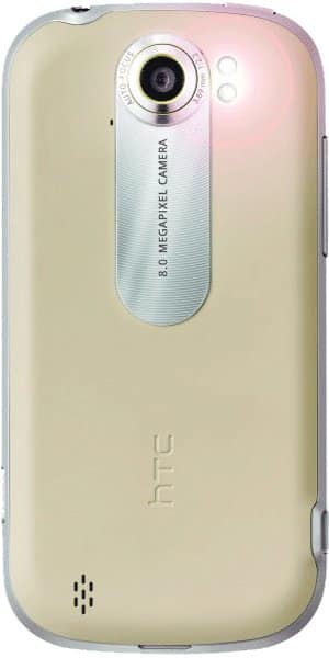 HTC Doubleshot rear view, cream-colored phone with 8-megapixel camera and metallic camera housing