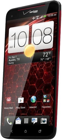 HTC Droid DNA front view, displaying home screen with time 10:08 AM, weather widget, and app icons on red hexagonal patterned background