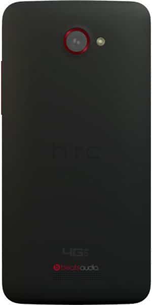 HTC Droid DNA rear view, black back panel with red camera ring and Beats Audio branding