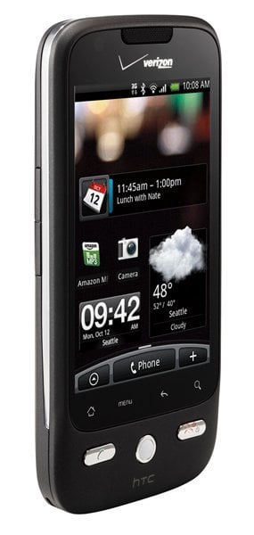 HTC Droid Eris front view, black touchscreen smartphone displaying home screen with clock, weather, and app icons