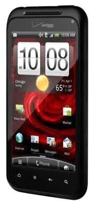 Front view of black HTC Droid Incredible 2 showing home screen, digital clock widget, weather, app icons, and four touch buttons.