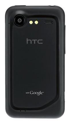 Rear view of black HTC Droid Incredible 2 showing camera, dual LED flashes, speaker grill, HTC branding, and "with Google" logo.