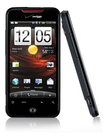 HTC Droid Incredible 2 Verizon shown front and side; touchscreen with physical buttons, display shows time, date, weather, apps.