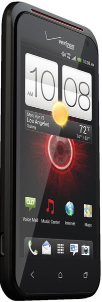 HTC Droid Incredible 4G LTE front view, displaying home screen with clock widget and app icons