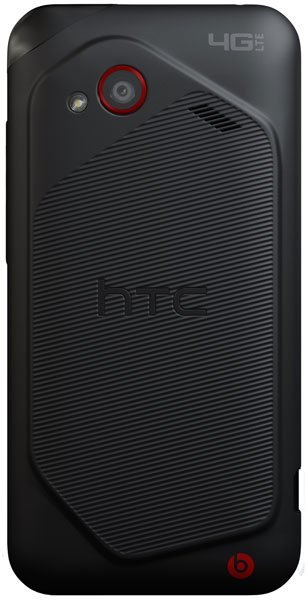 HTC Droid Incredible 4G LTE rear view, black phone with red camera ring and Beats audio branding