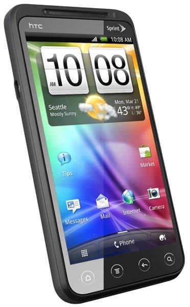 HTC EVO 3D front view displaying home screen with time 10:09, weather widget, and app icons on colorful gradient background