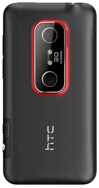 HTC EVO 3D rear view, black with red camera bezel and dual lenses