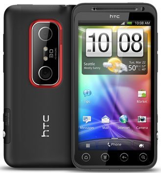 HTC EVO 3D smartphone shown from rear angle, displaying dual camera lenses with red accent trim on black back panel