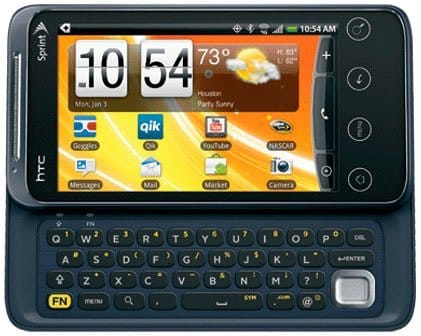 HTC EVO 4G front view with slide-out QWERTY keyboard, displaying home screen with weather widget and app icons