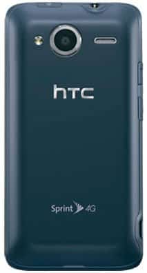 HTC EVO 4G rear view, dark blue back panel with camera and Sprint 4G branding