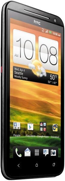 HTC EVO 4G LTE front view, displaying home screen with clock widget and weather information