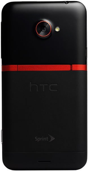 HTC EVO 4G LTE rear view, black with red accent band, camera with red ring, Sprint logo visible