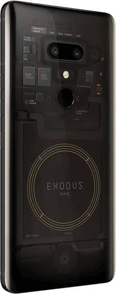 HTC Exodus 1 rear view with transparent back, visible internals, dual cameras, fingerprint sensor, and circular "EXODUS HTC" logo.