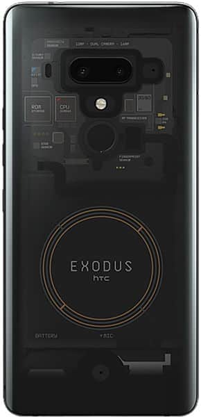 Rear view of HTC Exodus 1 showing transparent back, internal components, central "EXODUS htc" label, dual cameras, and flash.