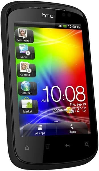 HTC Explorer smartphone, front view, displaying home screen with colorful gradient wallpaper and app icons