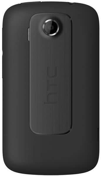 HTC Explorer rear view, black flip phone with camera lens and HTC branding visible